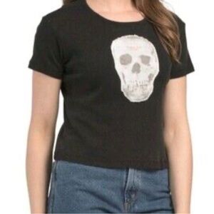 The Laundry Room Women’s Tales Patchwork Black Baby Tee White Skull Shirt